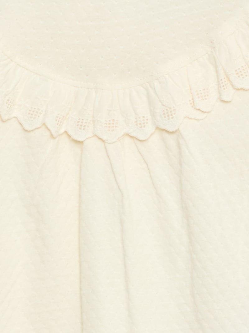 Blouse manches longues col rond avec plastron volanté avec broderies Blanc - Kiabi