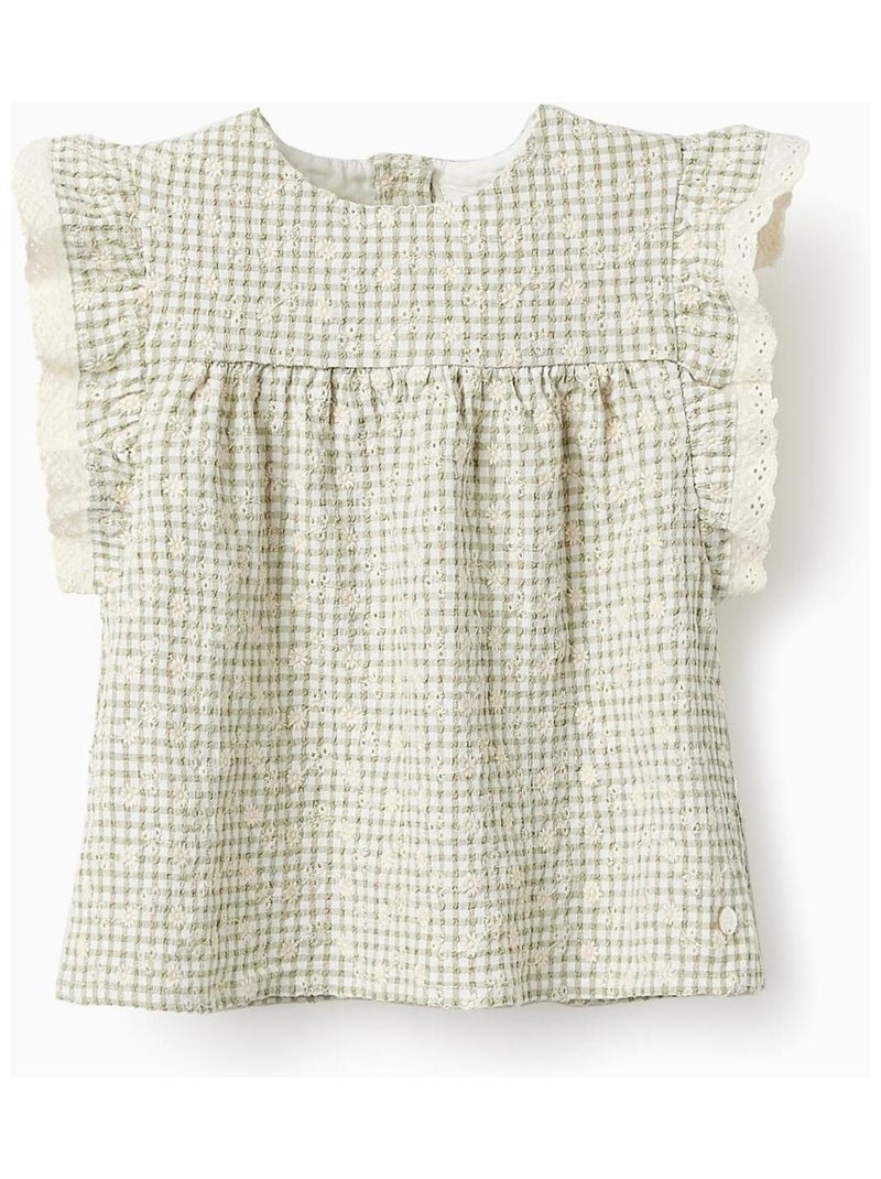 Blouse Motif Vichy, avec broderies et volants FIELD DAYS Vert clair - Kiabi