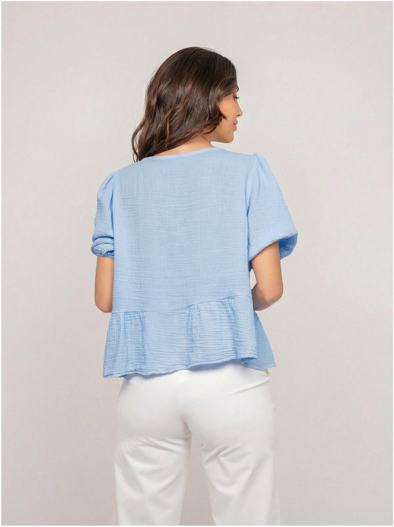 Blouse nouée gaze de conton OLERVIE Bleu ciel - Kiabi