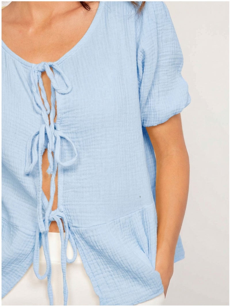 Blouse nouée gaze de conton OLERVIE Bleu ciel - Kiabi