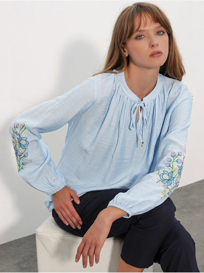 Blouse oversize en crêpe brodé bdart Bleu ciel - Kiabi