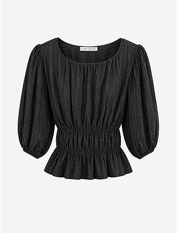 Blouse péplum texturée à col en u et manches trois-quarts mixray