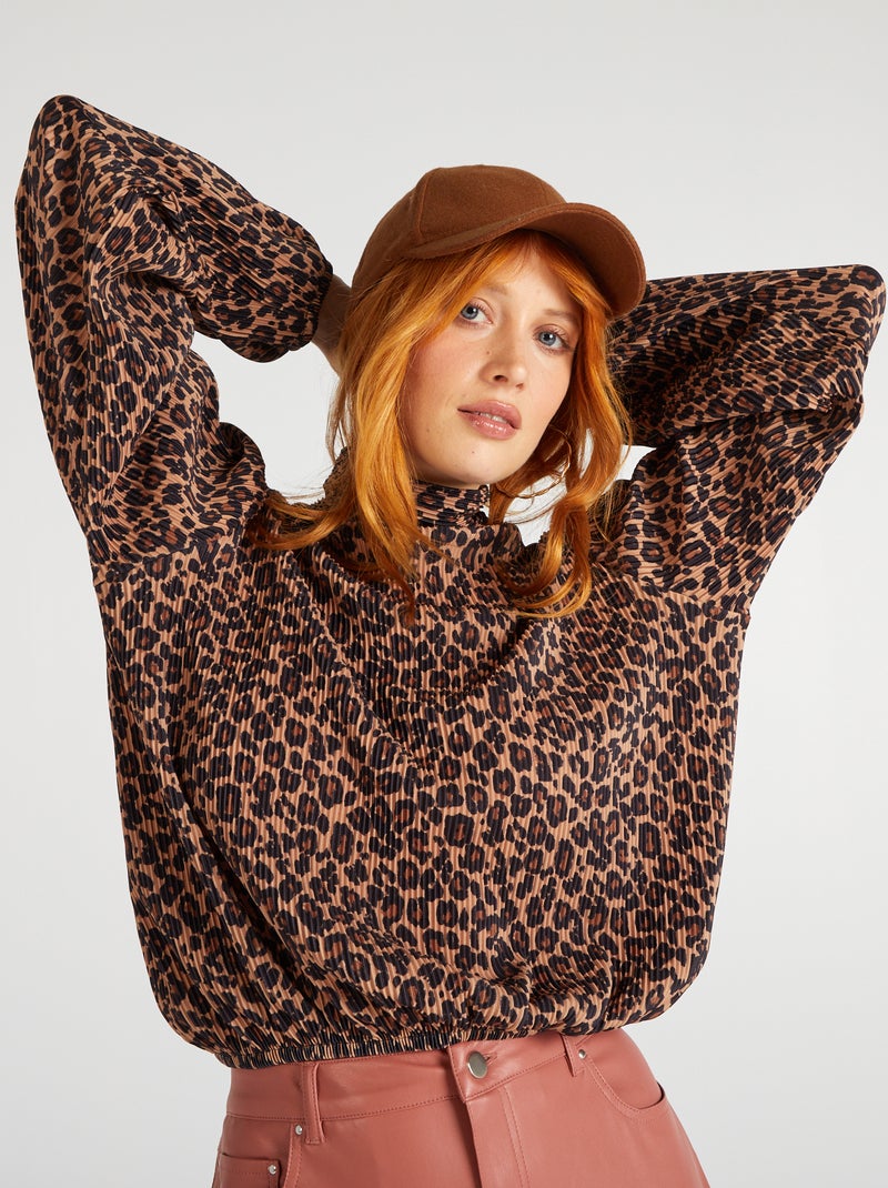 Blouse plissée à col montant Marron - Kiabi