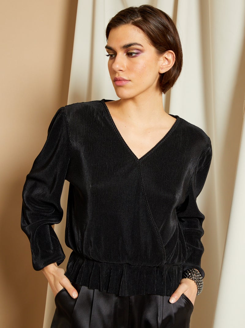Blouse plissée col cache-cœur noir - Kiabi