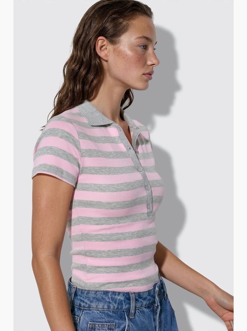 Blouse polo rayée côtelée busem Gris Rose - Kiabi