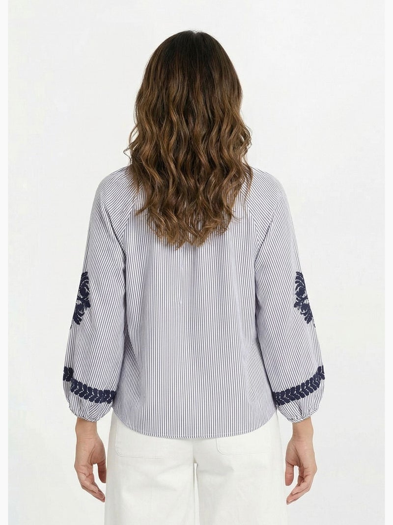 Blouse rayée avec broderies feuillages - AFIBEL Bleu - Kiabi