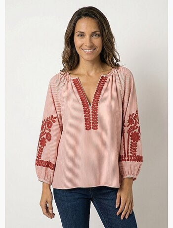 Blouse rayée avec broderies feuillages - AFIBEL