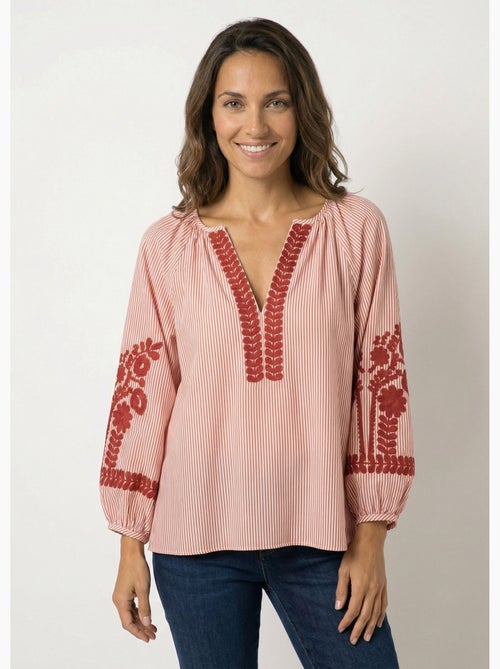 Blouse rayée avec broderies feuillages - AFIBEL - Kiabi