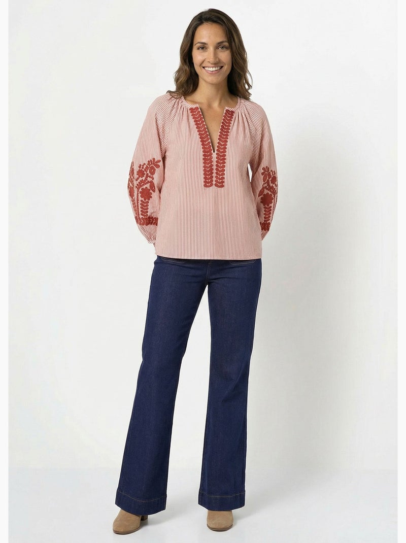 Blouse rayée avec broderies feuillages - AFIBEL Brique - Kiabi