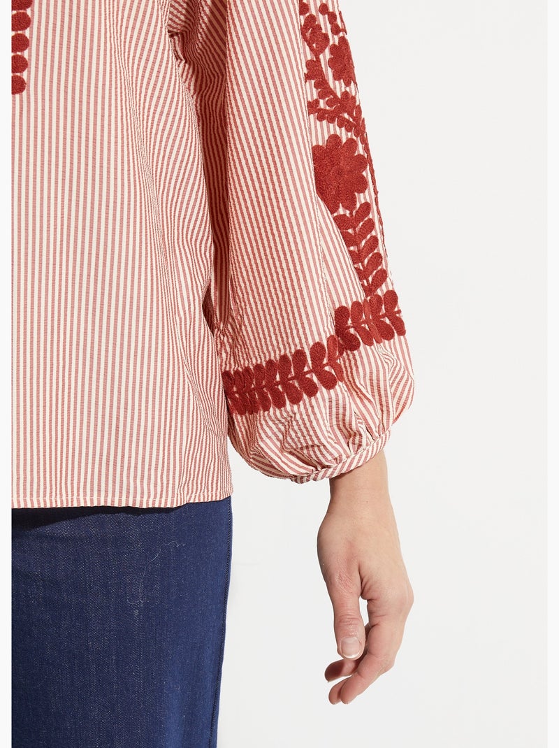 Blouse rayée avec broderies feuillages - AFIBEL Brique - Kiabi