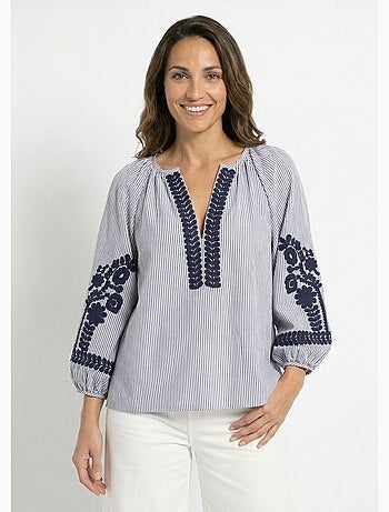 Blouse rayée avec broderies feuillages