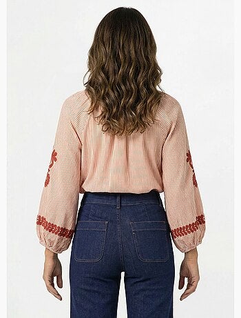 Blouse rayée avec broderies feuillages