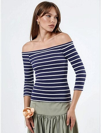 Blouse rayée côtelée à encolure bateau et manches longues busem