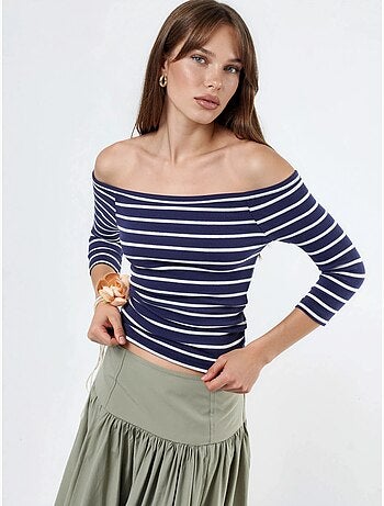 Blouse rayée côtelée à encolure bateau et manches longues busem