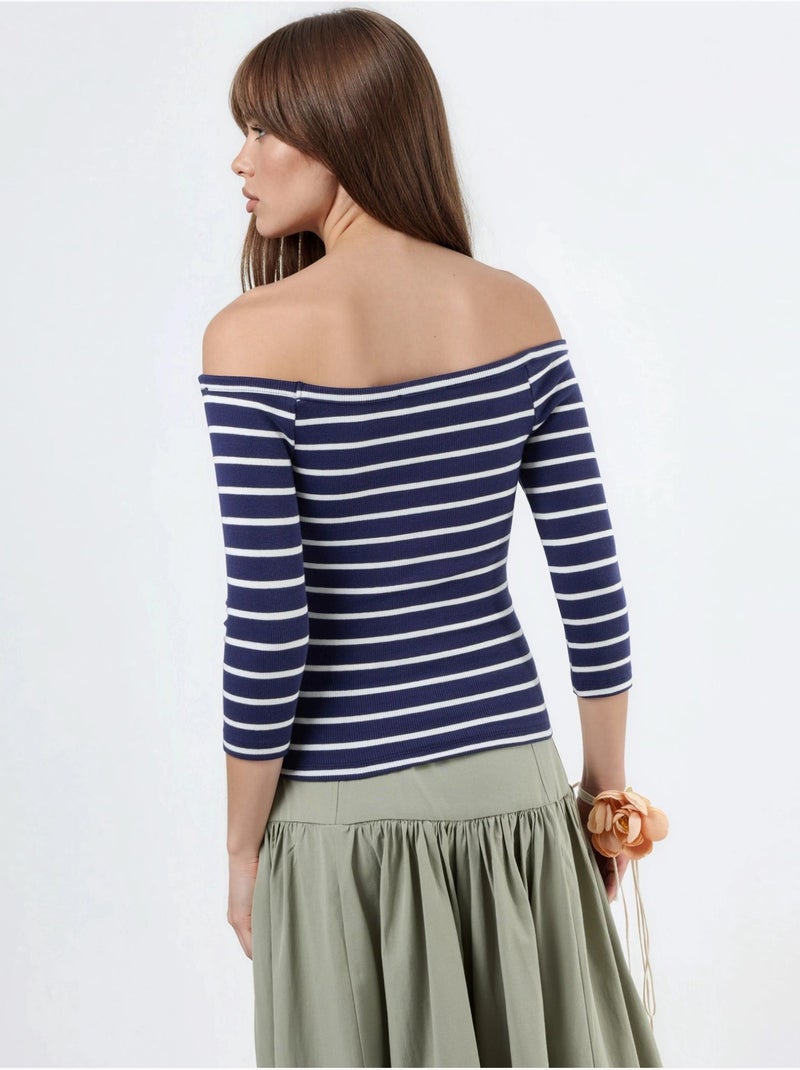 Blouse rayée côtelée à encolure bateau et manches longues busem Bleu marine - Kiabi