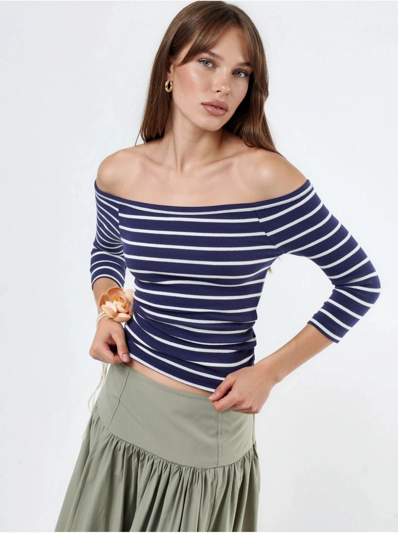 Blouse rayée côtelée à encolure bateau et manches longues busem Bleu marine - Kiabi