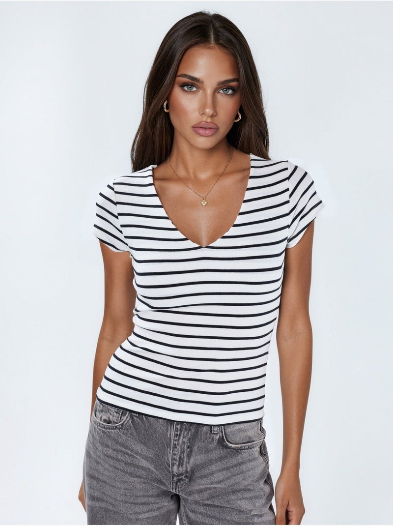 Blouse rayée en mélange de coton à col en v busem Multicolore - Kiabi