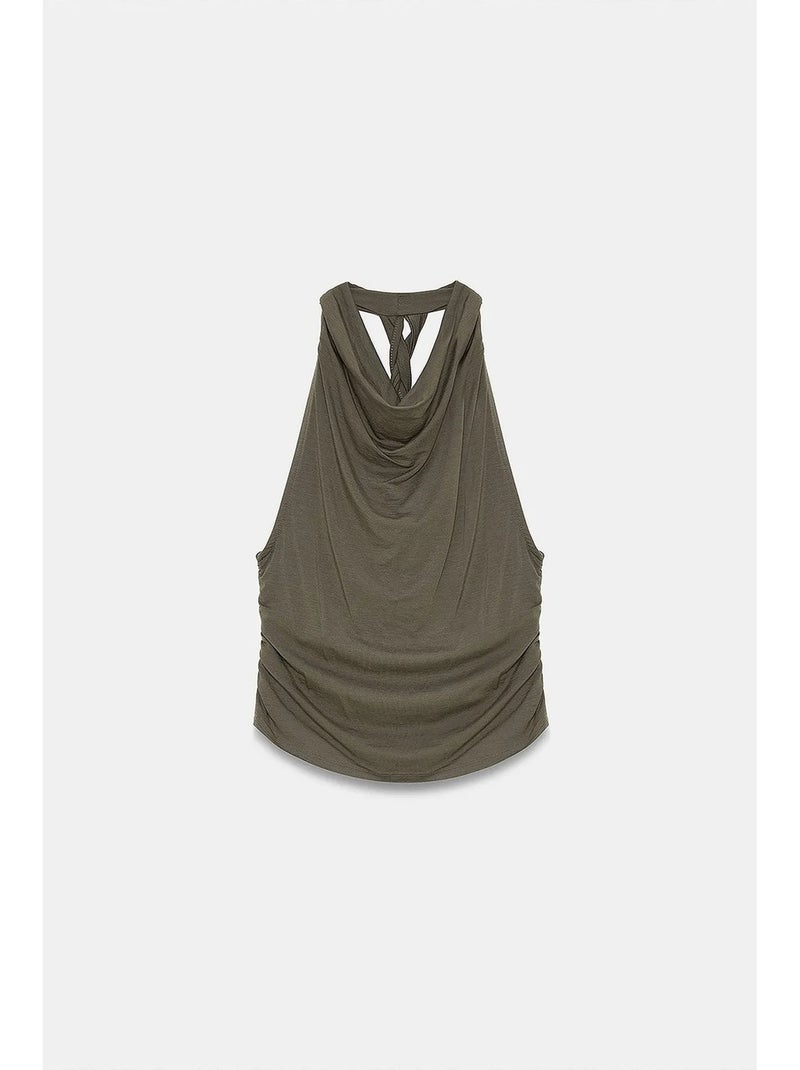 Blouse sans manches à col bénitier et dos nu dilvin Kaki - Kiabi