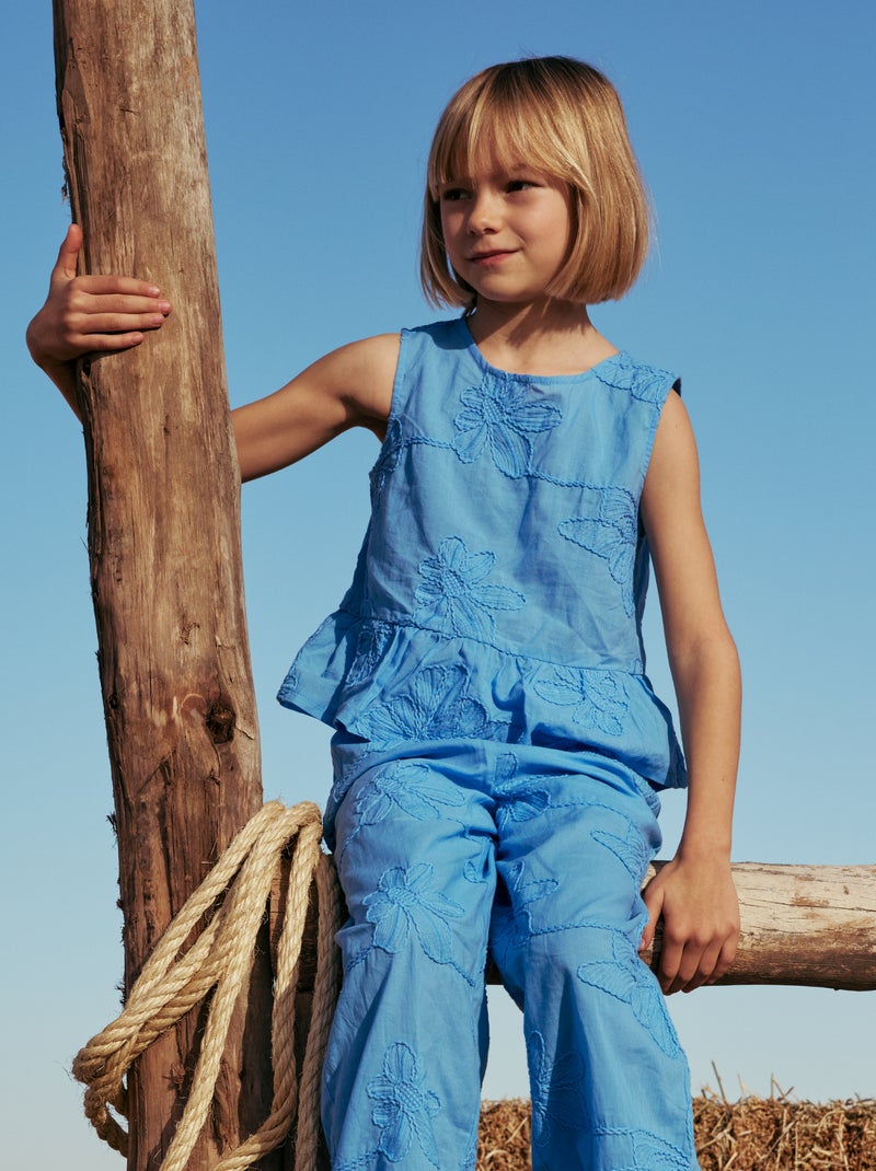 Blouse sans manches avec broderies fleuries Bleu - Kiabi