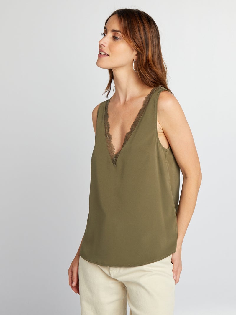 Blouse sans manches avec col en dentelle Kaki - Kiabi