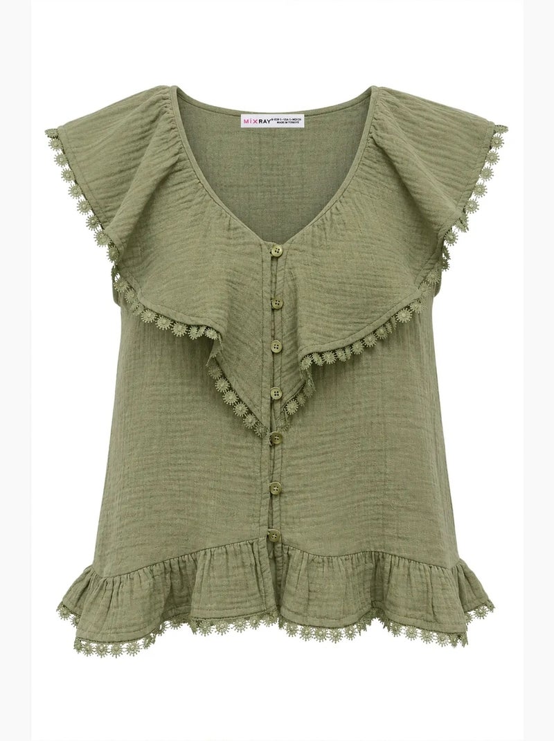 Blouse sans manches en coton à col v mixray Kaki - Kiabi