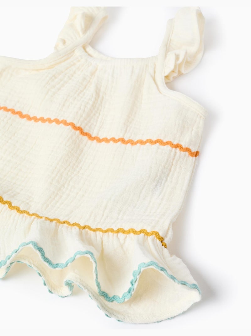 Blouse sans manches en coton avec volants Beige clair - Kiabi