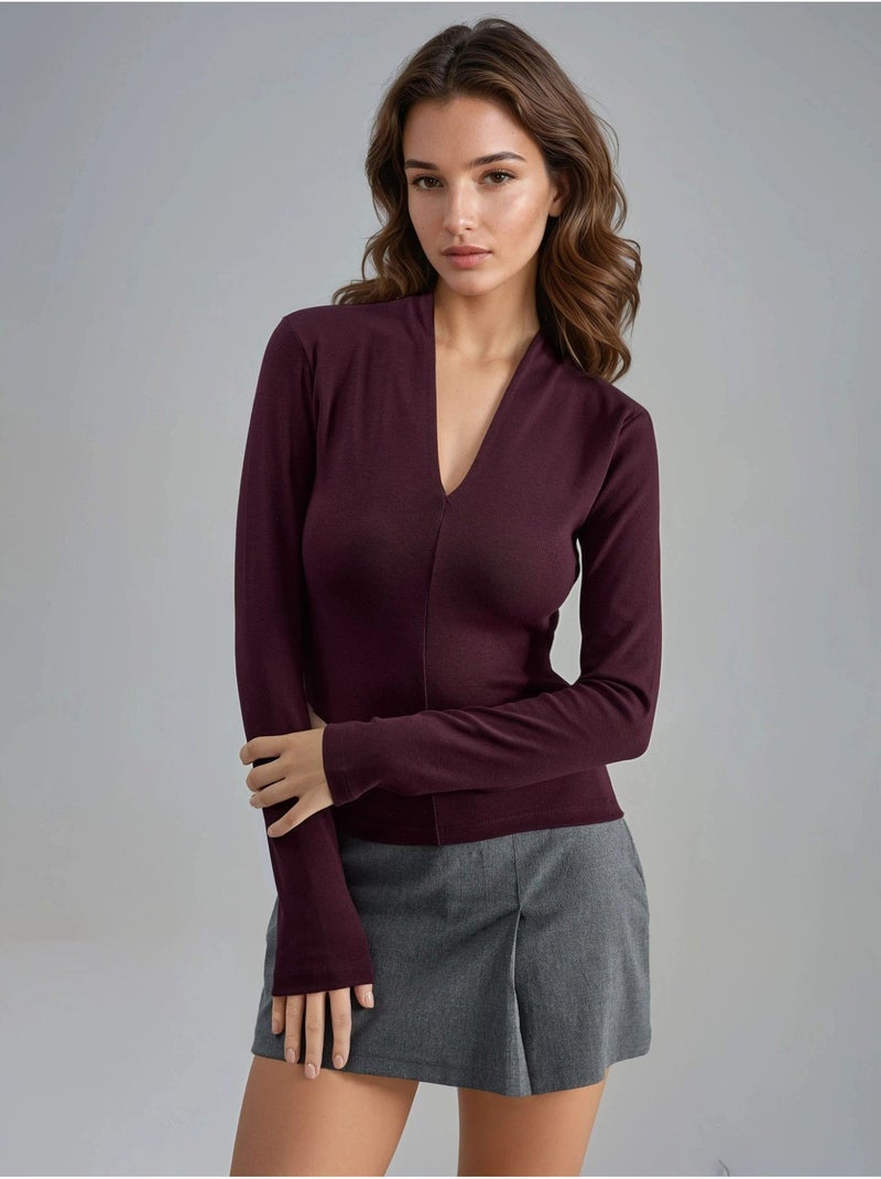 Blouse slim à manches longues avec col en v busem Mauve - Kiabi