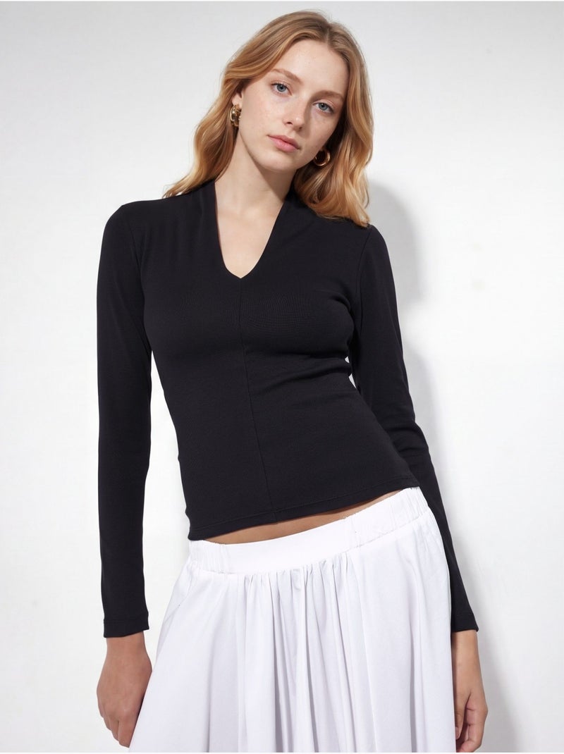 Blouse slim à manches longues avec col en v busem Noir - Kiabi