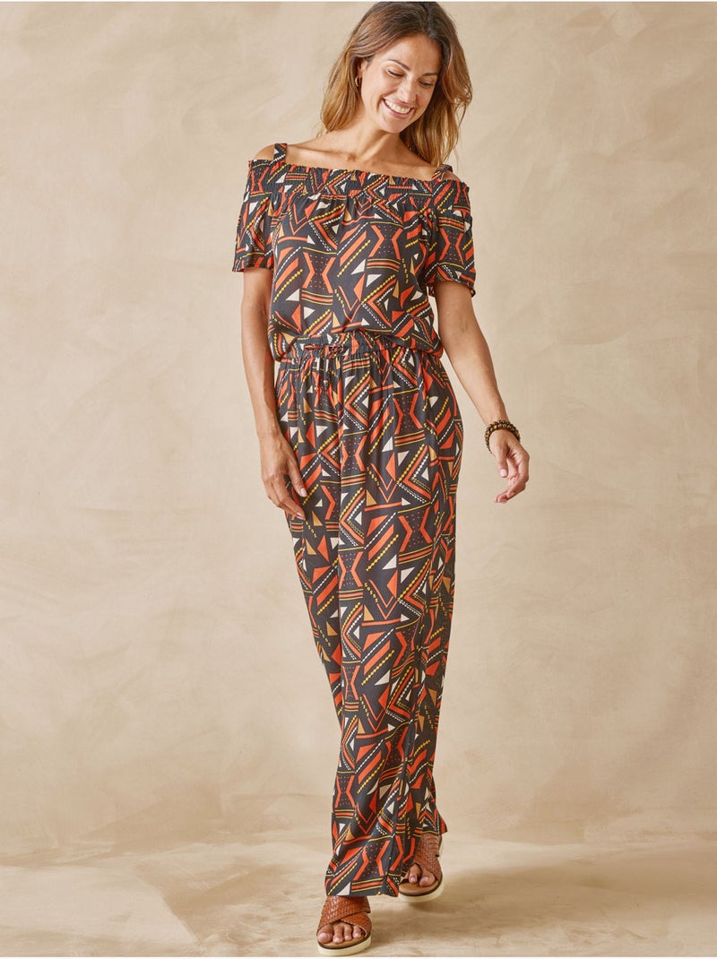 Blouse smockée en crêpe - DAXON Marron/Multicolore - Kiabi