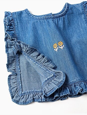 Blouse style poncho en jean avec volants et broderie