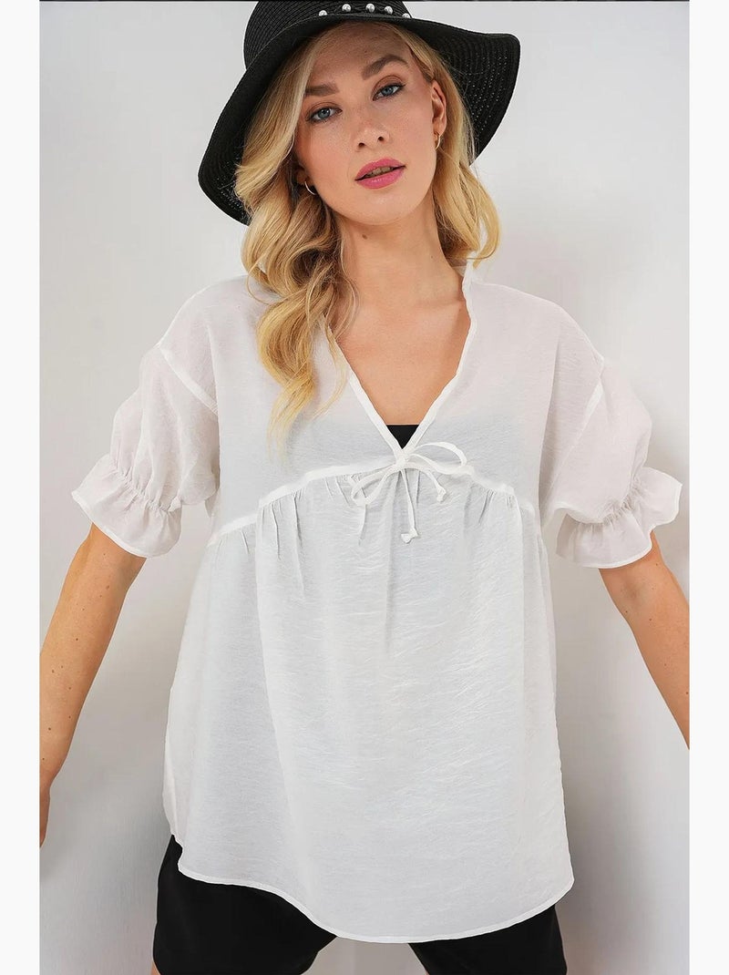 Blouse texturée à col en v et nœud bdart Blanc - Kiabi
