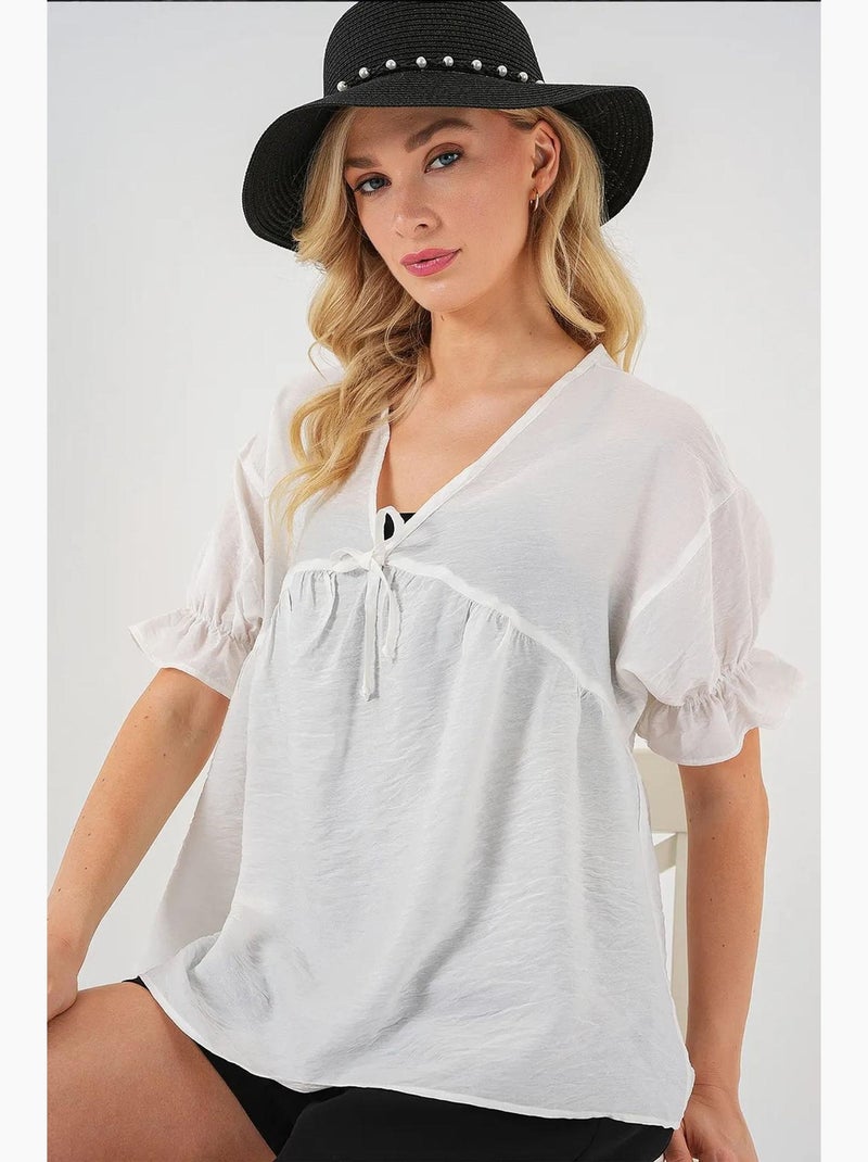 Blouse texturée à col en v et nœud bdart Blanc - Kiabi