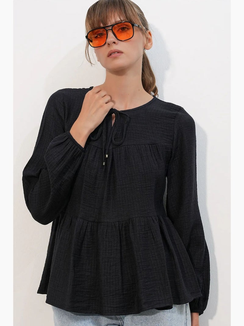 Blouse texturée à nouer devant bdart Noir - Kiabi