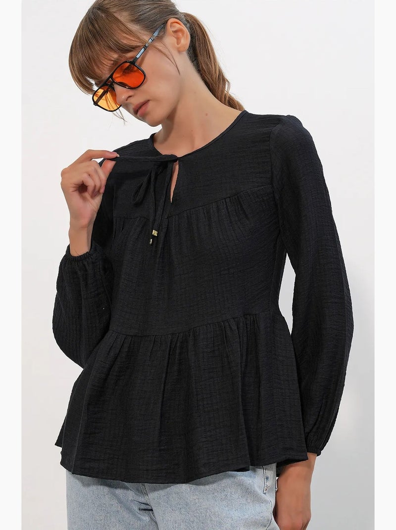 Blouse texturée à nouer devant bdart Noir - Kiabi