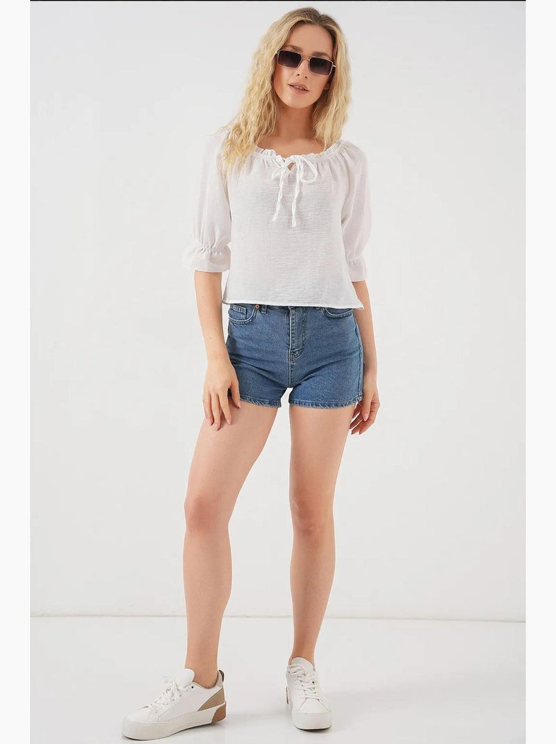 Blouse texturée courte à col bateau détail pompons bdart Blanc - Kiabi