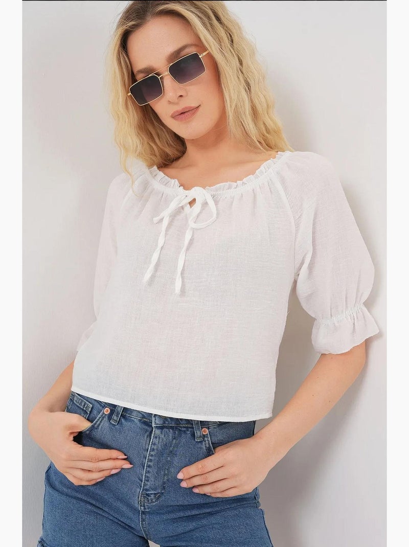 Blouse texturée courte à col bateau détail pompons bdart Blanc - Kiabi