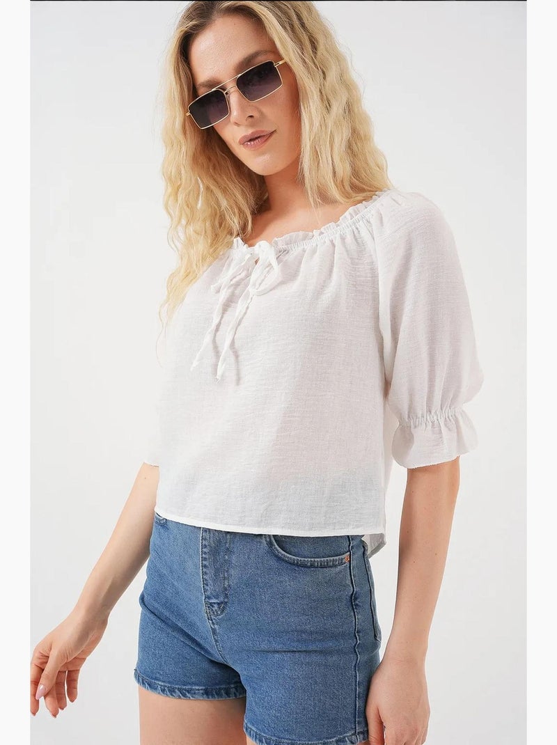 Blouse texturée courte à col bateau détail pompons bdart Blanc - Kiabi