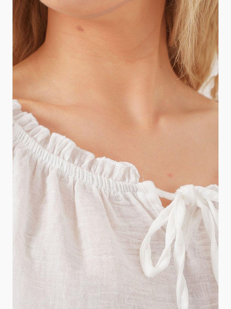 Blouse texturée courte à col bateau détail pompons bdart Blanc - Kiabi