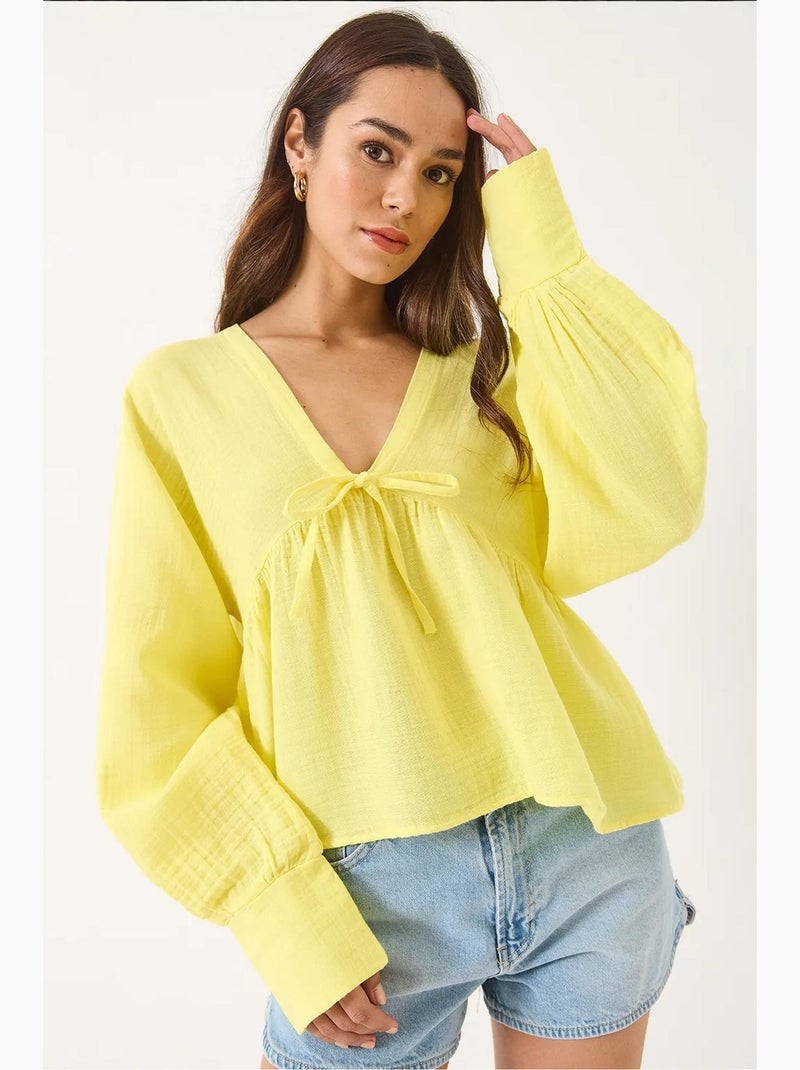 Blouse texturée courte à col en v et nœud lucci Jaune citron - Kiabi