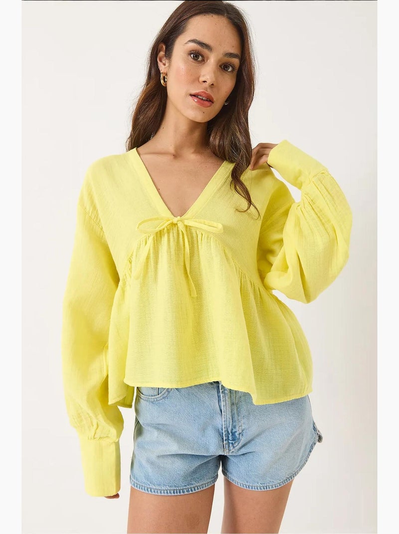 Blouse texturée courte à col en v et nœud lucci Jaune citron - Kiabi
