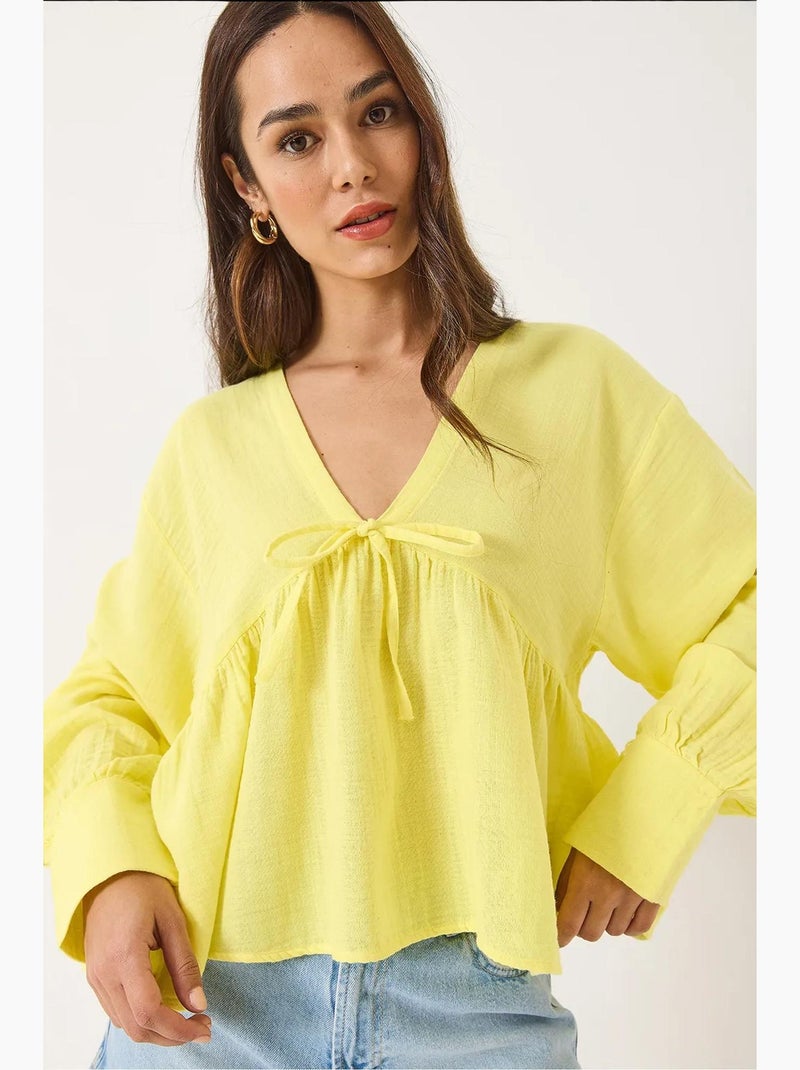 Blouse texturée courte à col en v et nœud lucci Jaune citron - Kiabi