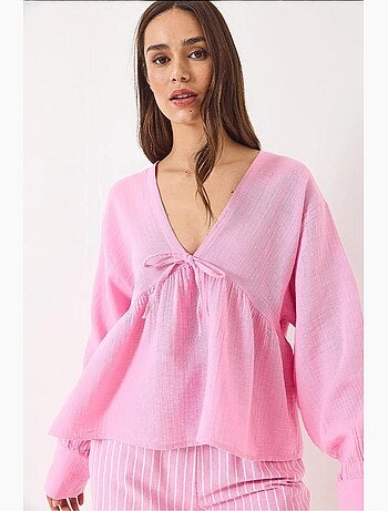 Blouse texturée courte à col en v et nœud lucci