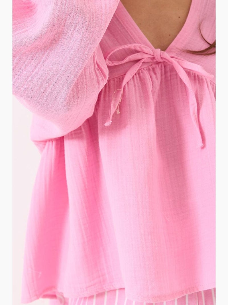 Blouse texturée courte à col en v et nœud lucci Rose fluo/Solinotes - Kiabi
