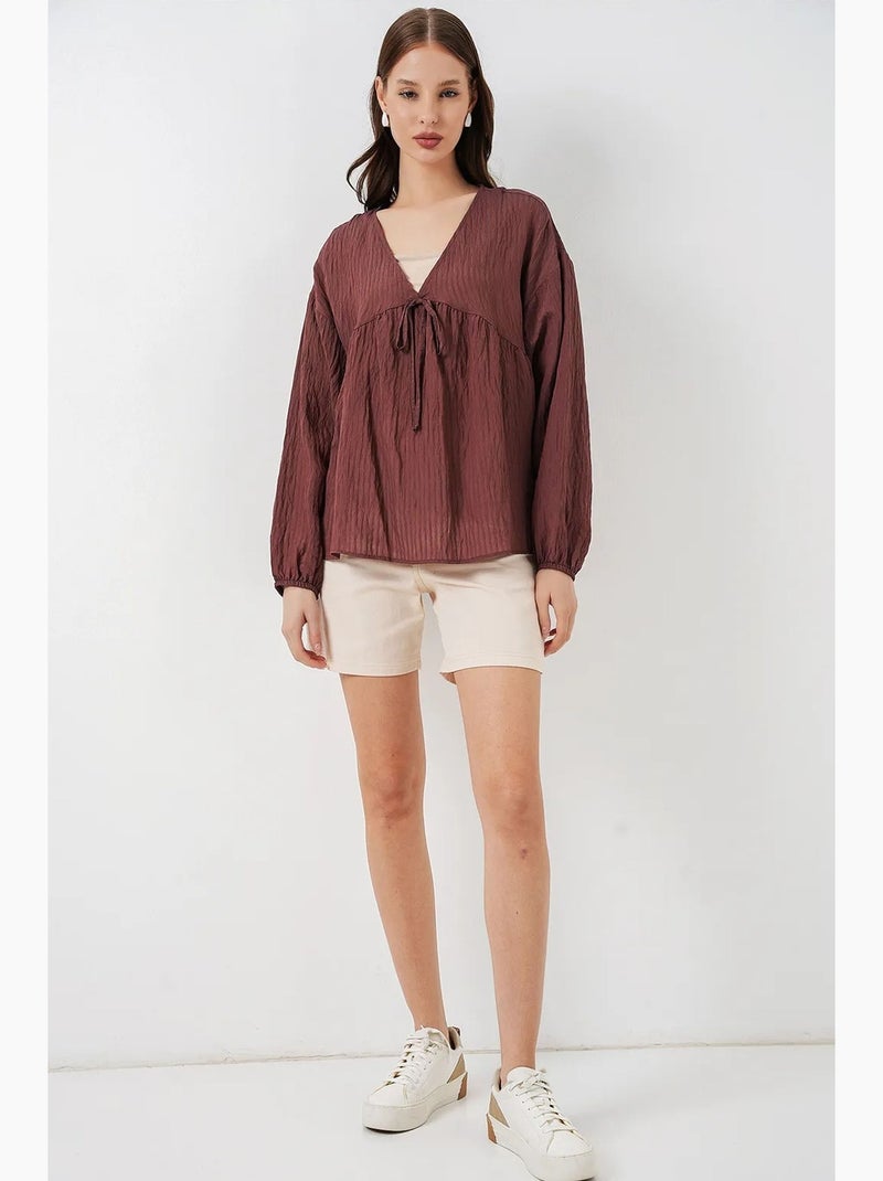 Blouse texturée seersucker à col en v et nœud bdart Marron chocolat - Kiabi