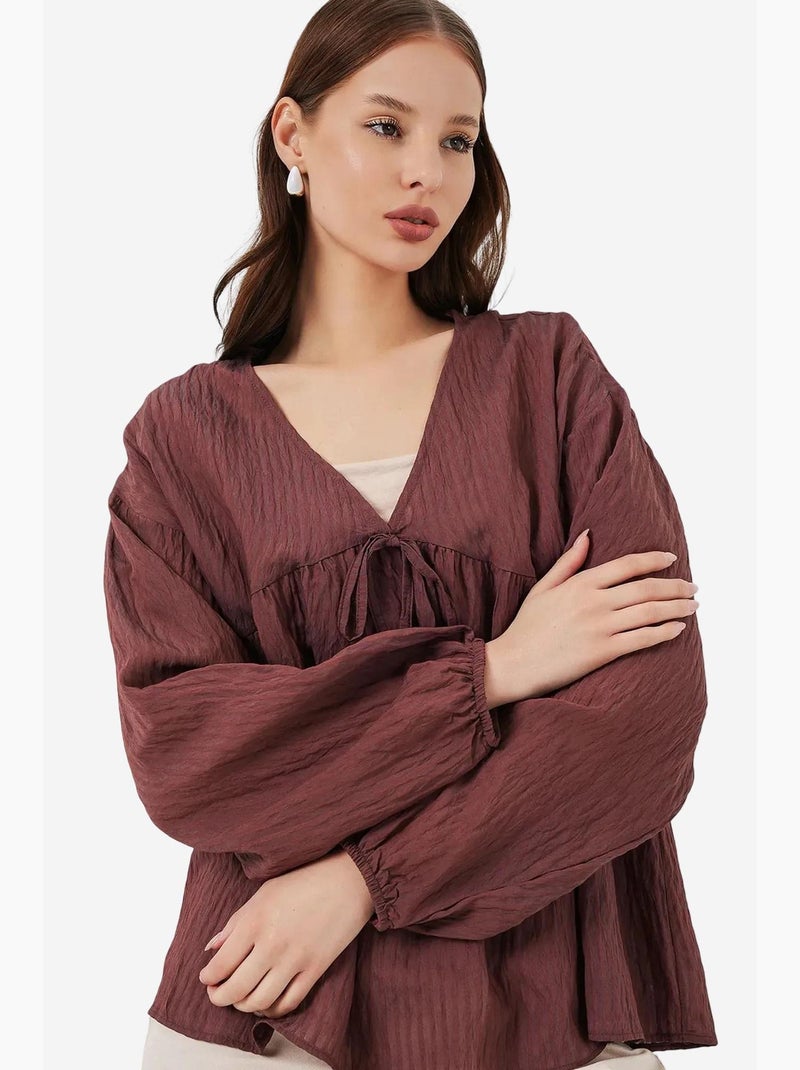Blouse texturée seersucker à col en v et nœud bdart Marron chocolat - Kiabi