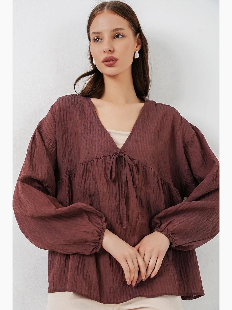 Blouse texturée seersucker à col en v et nœud bdart Marron chocolat - Kiabi