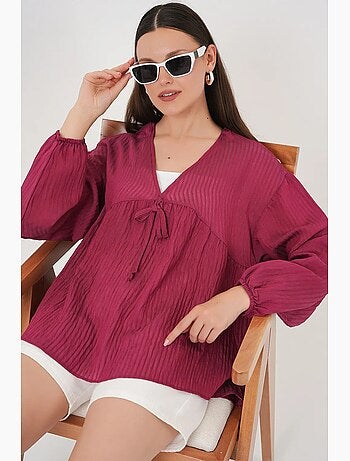 Blouse texturée seersucker à col en v et nœud bdart
