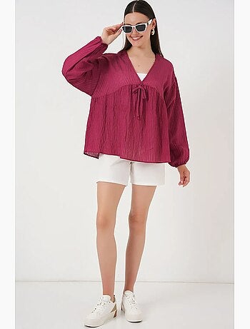 Blouse texturée seersucker à col en v et nœud bdart