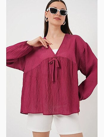 Blouse texturée seersucker à col en v et nœud bdart