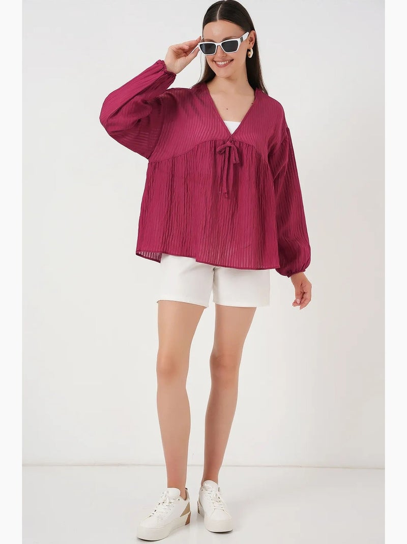Blouse texturée seersucker à col en v et nœud bdart Rouge bordeaux - Kiabi